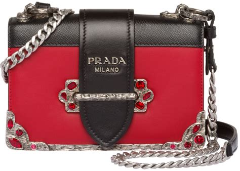 Prada Cahier Crystal Chain Red in Calfskin with Silver